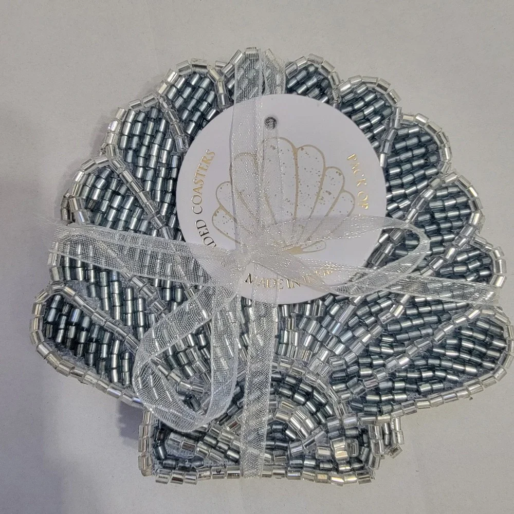 NEW! Beaded Blue Sea Shell Coasters Set of 4 Satin Back Made In India